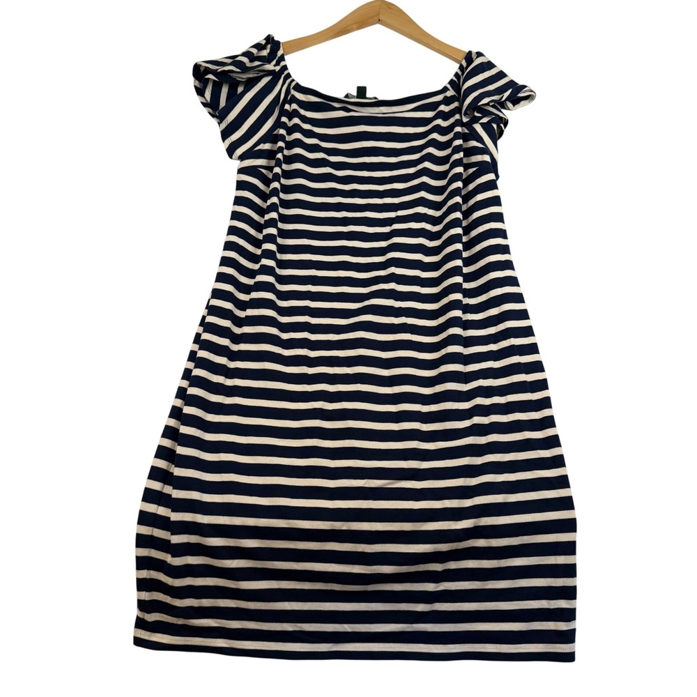 Lauren Ralph Lauren Navy White Striped Flutter Sleeve Cotton Dress Petite Medium